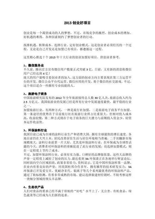 2013年创业十大好项目推荐