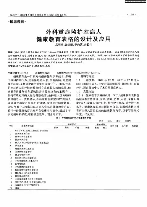 外科重症监护室病人健康教育表格的设计及应用