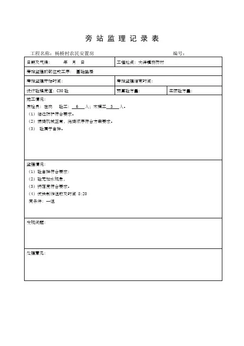混凝土浇筑旁站监理记录表 2