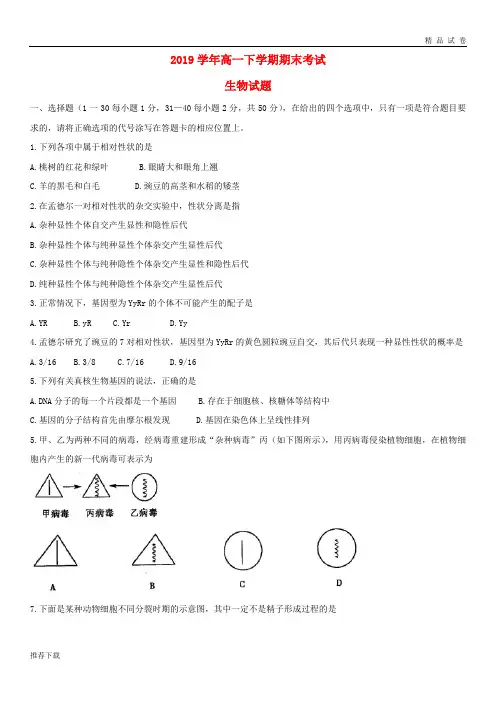 2019学年高一生物下学期期末考试试题 新人教版