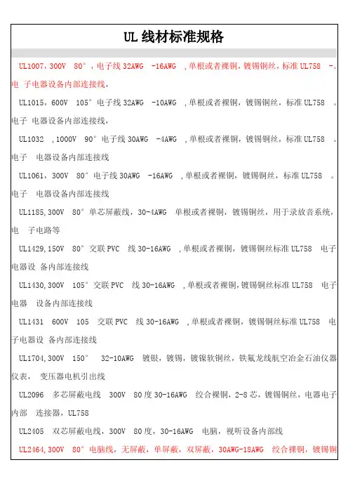 UL线材标准规格
