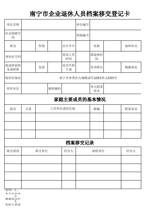 退休人员档案移交登记卡