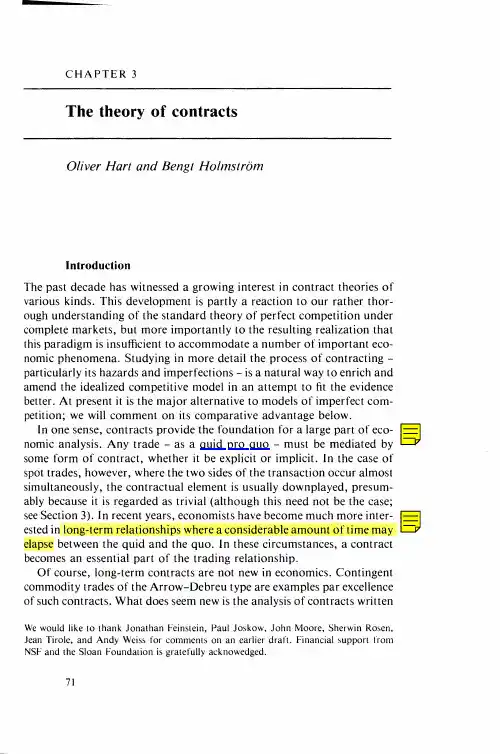 Hart and Holmstrom(1987) The Theory of Contracts