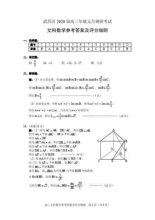 武昌区2020届高三元月调考文数答案