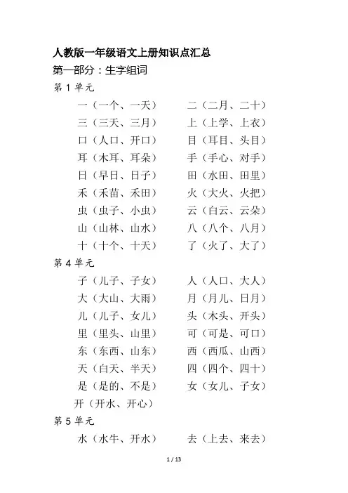 人教版一年级语文上册知识点汇总