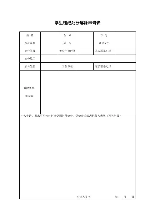 学生违纪处分解除申请表