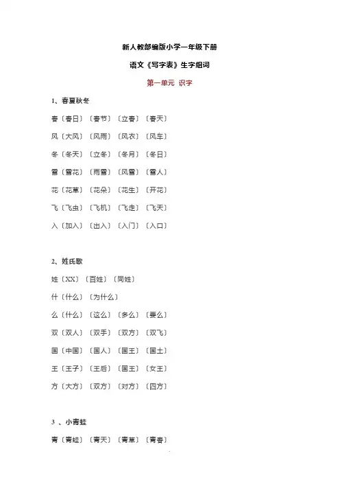 新人教部编版小学一年级下册生字表注音组词