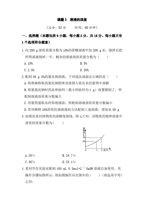 人教版九年级化学下册同步练习附答案第九单元课题3  溶液的浓度