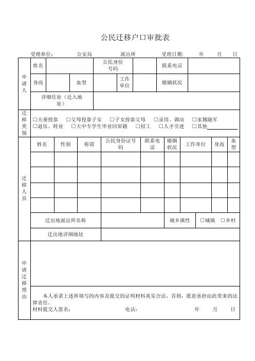 海南省-公民迁移户口审批表-最新版