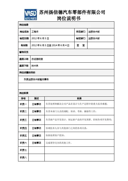 工程师岗位说明书