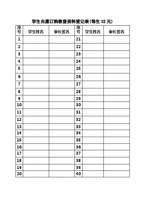 学生自愿订购教普资料登记表