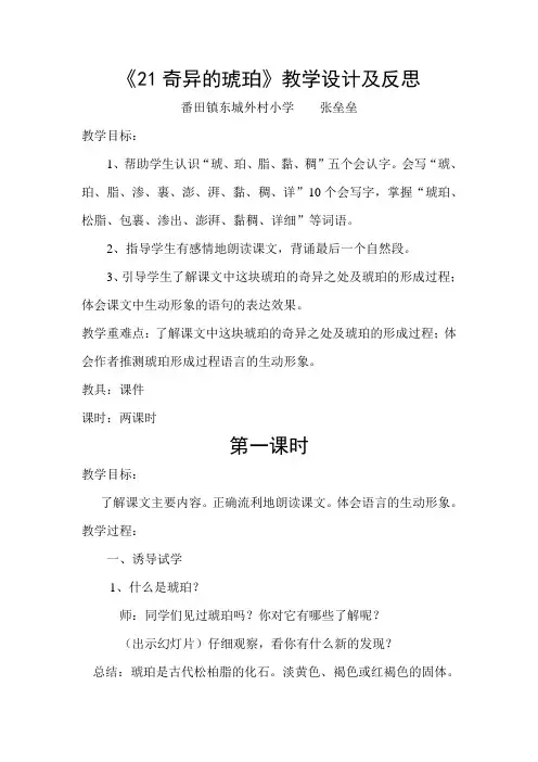 《21奇异的琥珀》教学设计反思