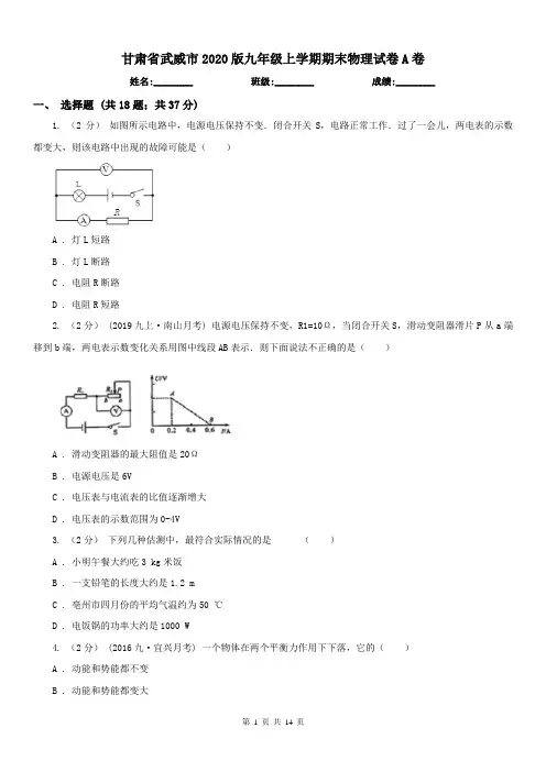 甘肃省武威市2020版九年级上学期期末物理试卷A卷