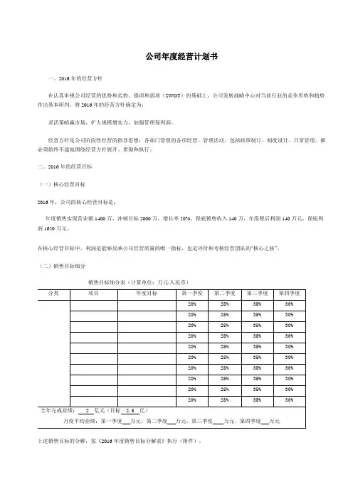 公司年度经营计划书(模板)
