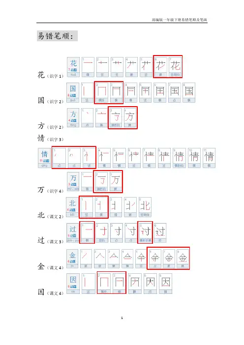 部编版一年级下册重点字笔顺及易错笔画