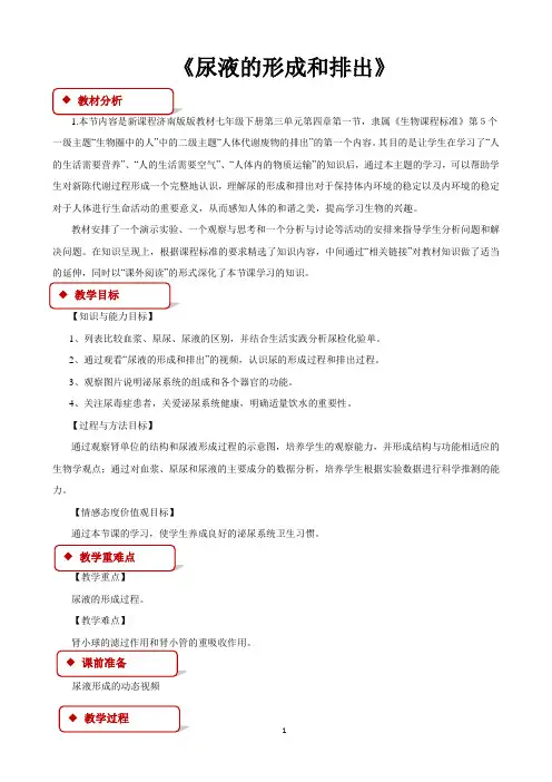 济南版七年级生物下册教学设计 尿液的形成与排出教案