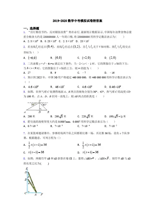 2019-2020数学中考模拟试卷附答案