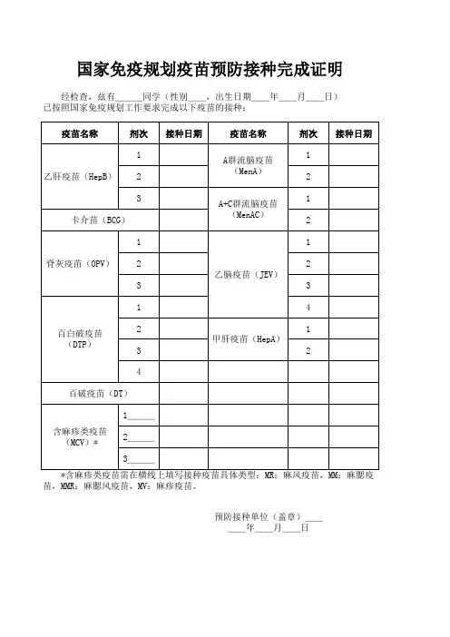 国家免疫规划疫苗预防接种完成证明 2