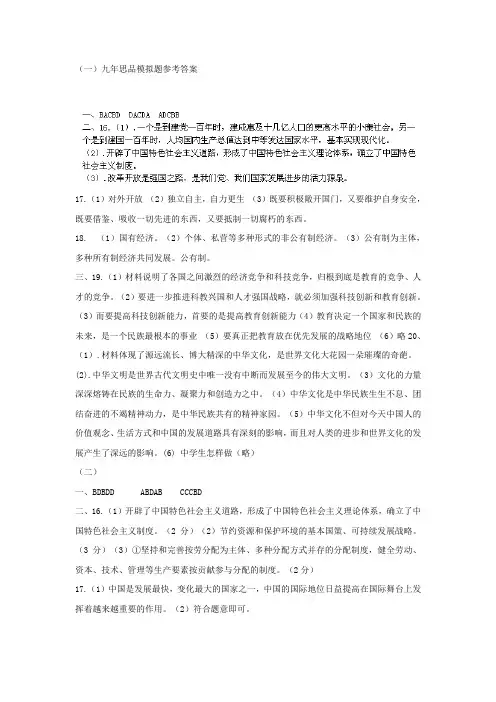 2019-2020年九年级中考复习政治试题答案