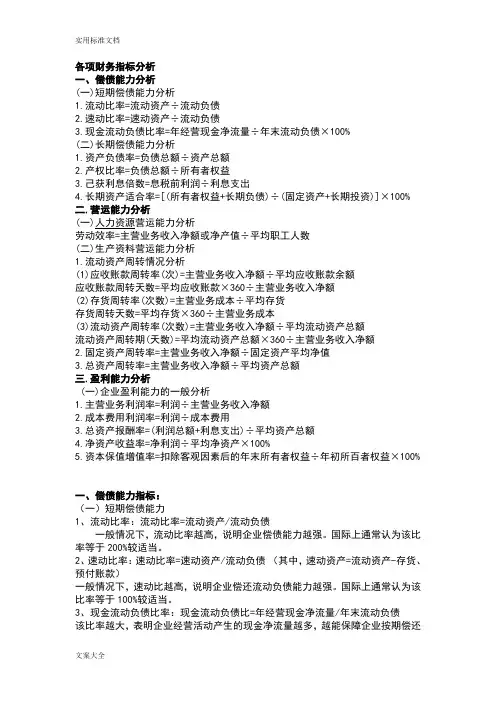 常用财务管理系统指标公式