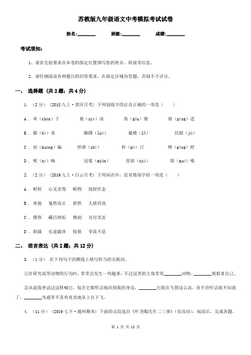 苏教版九年级语文中考模拟考试试卷