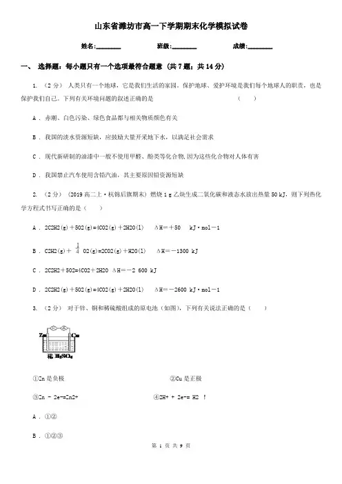 山东省潍坊市高一下学期期末化学模拟试卷
