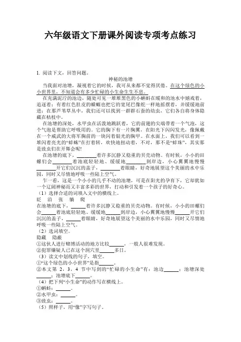 六年级语文下册课外阅读专项考点练习