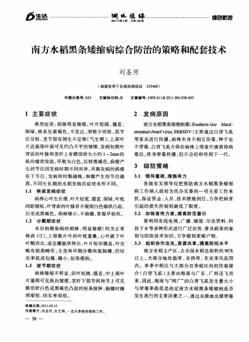 南方水稻黑条矮缩病综合防治的策略和配套技术