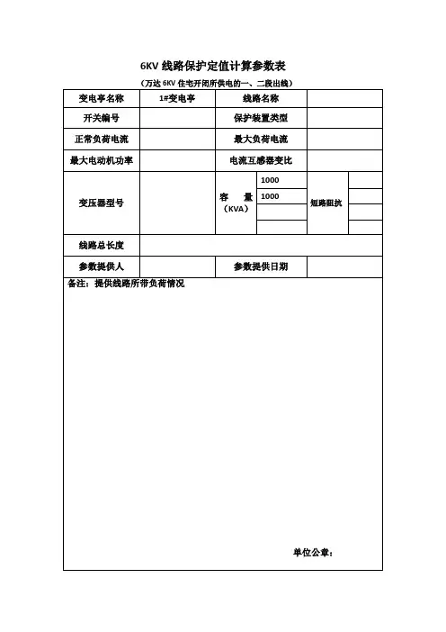 6KV线路保护定值计算参数表