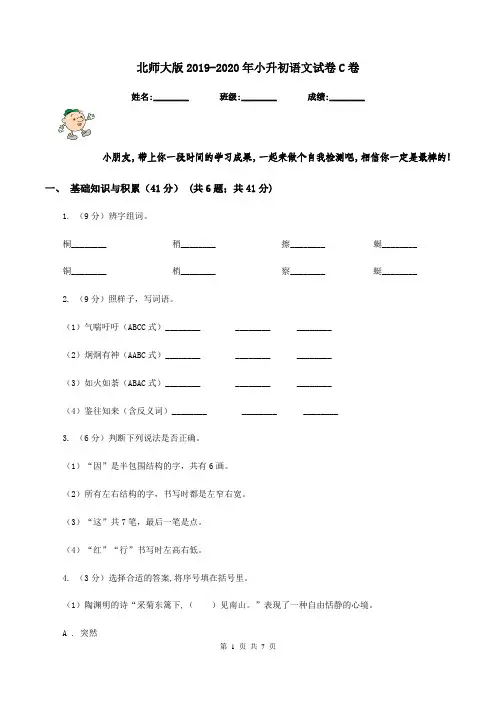 北师大版2019-2020年小升初语文试卷C卷