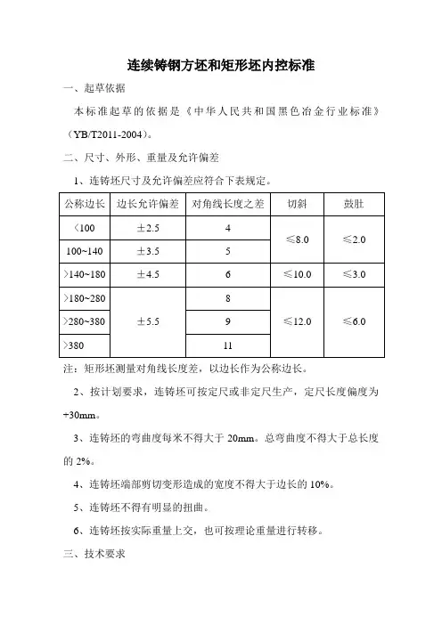 连续铸钢方坯和矩形坯内控标准