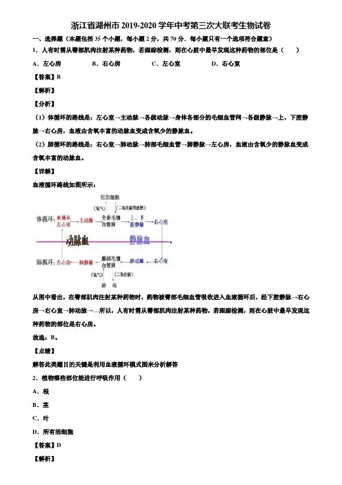 浙江省湖州市2019-2020学年中考第三次大联考生物试卷含解析