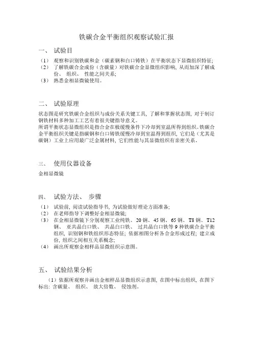 2021年铁碳合金平衡组织观察实验报告