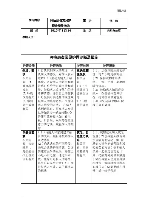 肿瘤患者常见护理诊断及措施