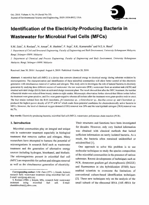 Identification of the Electricity-Producing Bacteria in Wastewater for Microbial Fuel Cells (MF