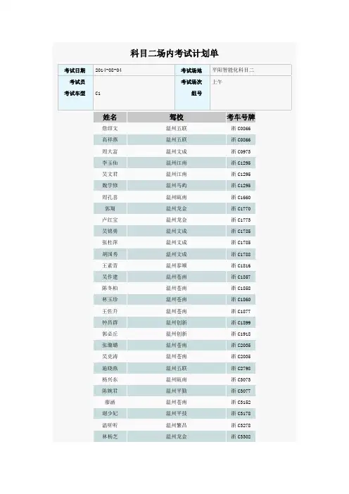 科目二场内考试计划单