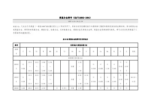 高温合金牌号-及具体性能表