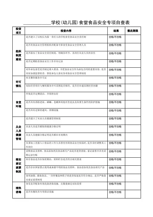 学校食品安全检查自查自纠检查表