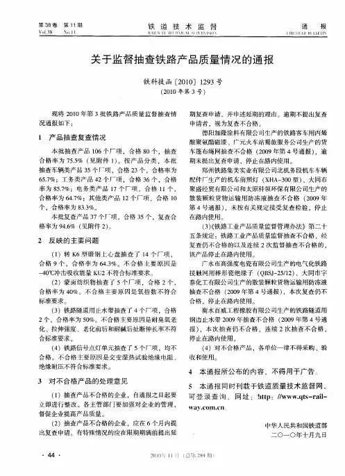 关于监督抽查铁路产品质量情况的通报