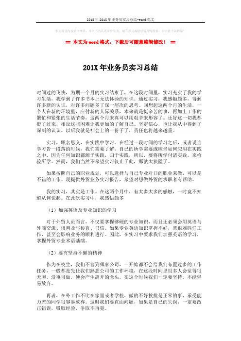 2018年201X年业务员实习总结-word范文 (2页)