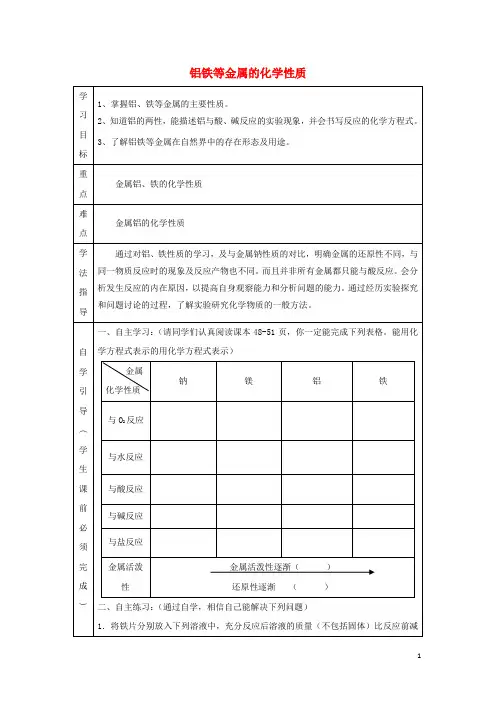 人教版2020高中化学 第三章 金属及其化合物 3.1 金属的化学性质 第2课时 铝铁等金属的化学性质导学案1