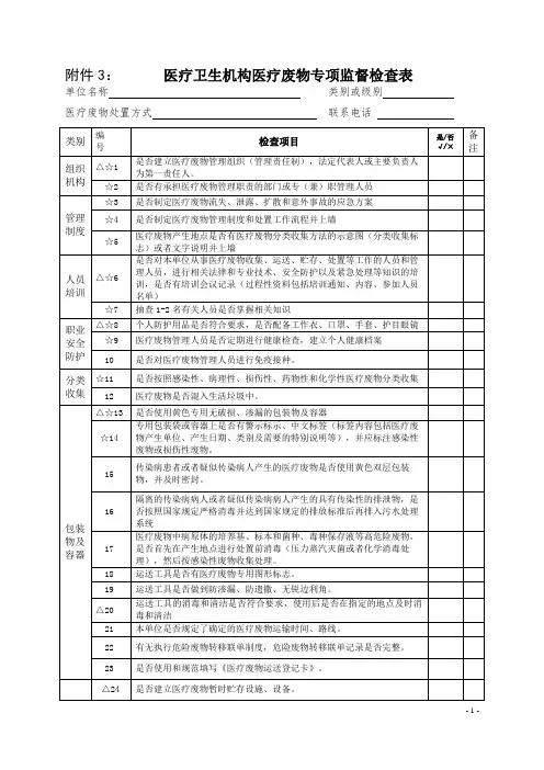 医疗卫生机构医疗废物专项监督检查表