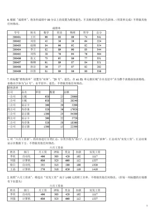 EXCEL上机题题库