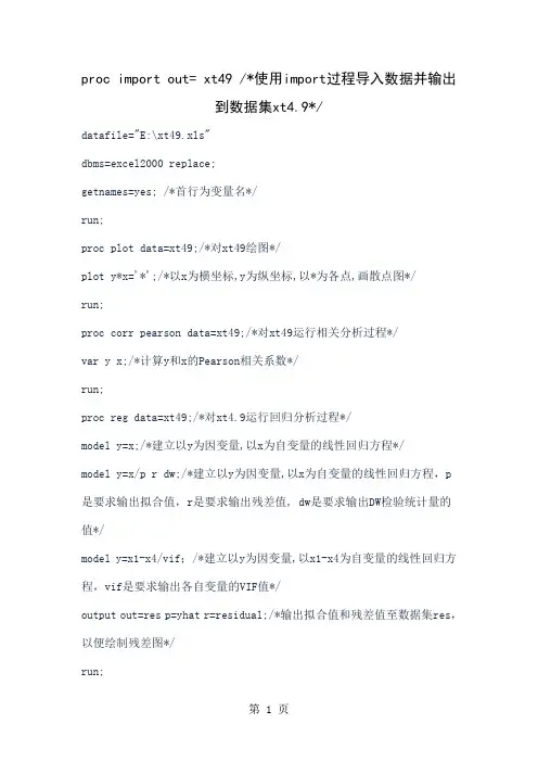 回归分析实验程序-SAS版共9页word资料