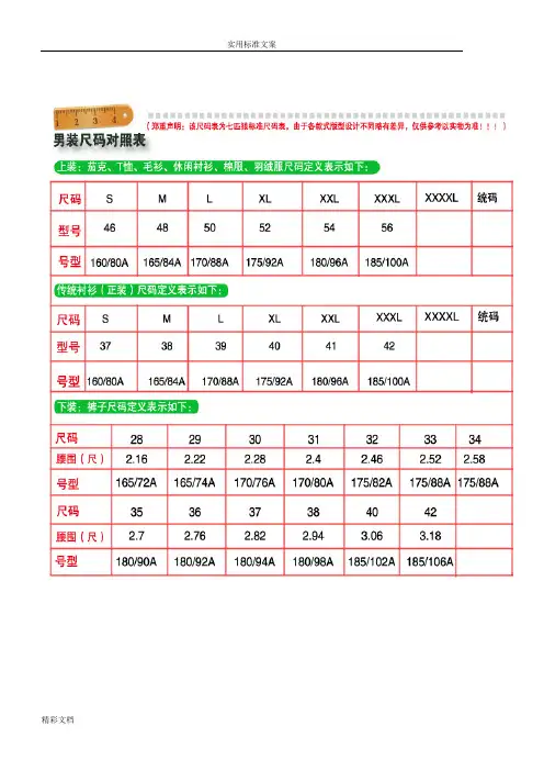 男装尺码对照表
