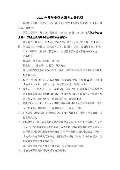 2012年武汉大学新闻与传播学院奖学金评比职务加分说明
