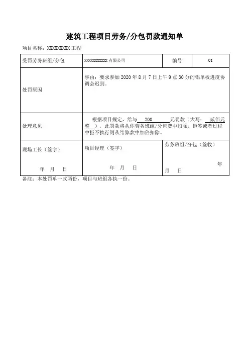 建筑工程项目劳务分包罚款通知单