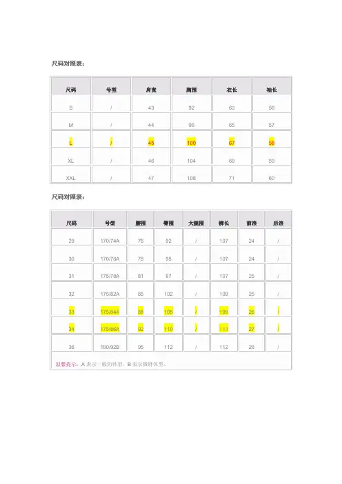 衣服 尺寸对照表