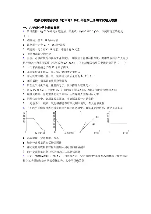 成都七中实验学校(初中部)2021年化学初三化学上册期末试题及答案