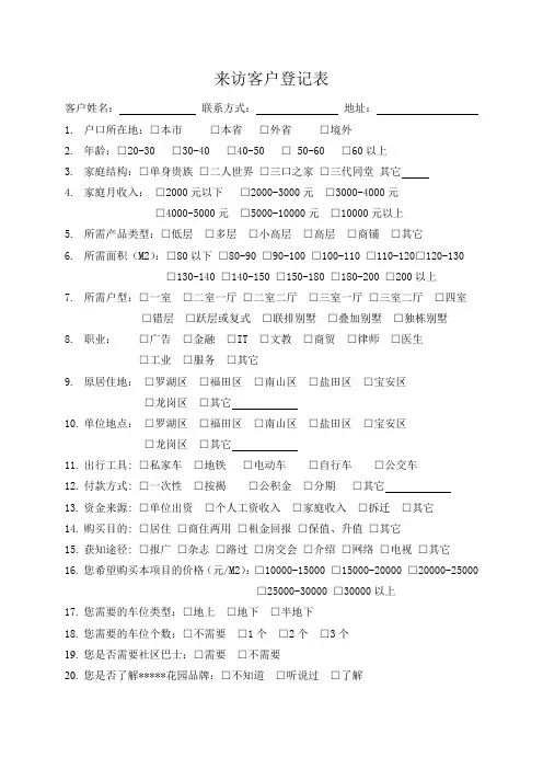 房地产销售现场客户来访登记表